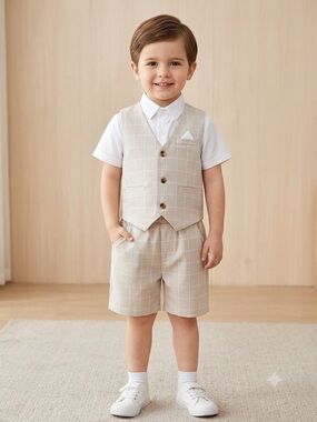 Children's Light Gray Windowpane Vest and Shorts Set boy suit